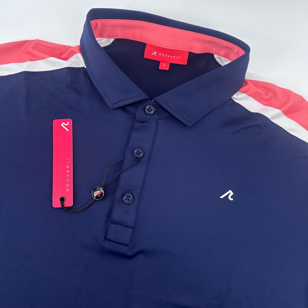 REDVANLY Sevigne Polo Men L Midnight Navy Blue Striped Performance R2512‎ NEW